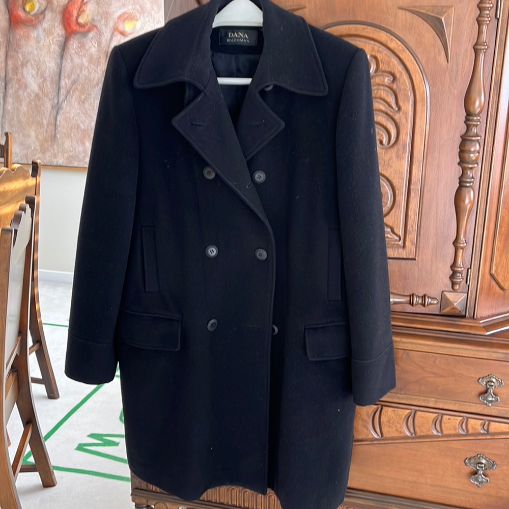 Dana Buchman Black Double-Breasted Wool Pea Coat